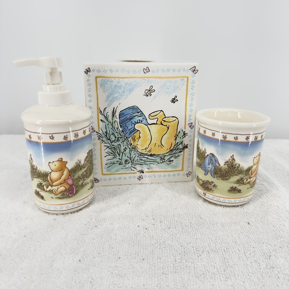 NOS Disney Winnie the Pooh Ceramic Bathroom Soap Dispenser Tissue Box Tumbler